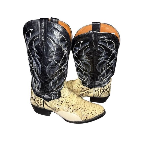 Dan Post DP3036 Pull-On Leather Boots Natural B/C Python Black/White Men's 10 D - Picture 1 of 10